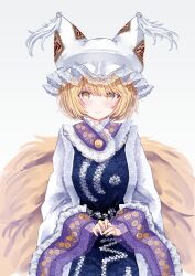 Rule 34 | 1girl, animal ears, blonde hair, blush, breasts, closed mouth, dress, fox ears, fox tail, hat, highres, large breasts, long sleeves, looking at viewer, mob cap, multiple tails, sarasadou dan, short hair, simple background, smile, solo, tabard, tail, touhou, white background, white dress, white hat, wide sleeves, yakumo ran, yellow eyes