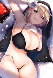 Rule 34 | 1girl, :d, arm up, armpits, bad id, bad pixiv id, bare arms, bare shoulders, bikini, black bikini, black eyes, book, breasts, brown hair, cleavage, detached collar, front-tie bikini top, front-tie top, gloves, gluteal fold, hair between eyes, highres, large breasts, looking at viewer, lying, nidaime (doronbo), nun, on back, open mouth, original, short hair, side-tie bikini bottom, smile, solo, stomach, string bikini, swimsuit, thigh gap, thighs, untied bikini, veil, white gloves