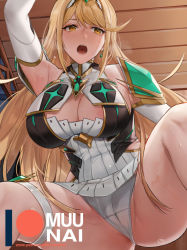 Rule 34 | 1girl, bare shoulders, blonde hair, blush, breasts, chest jewel, cleavage, cleavage cutout, clothing cutout, dress, elbow gloves, gloves, large breasts, long hair, muunai, mythra (xenoblade), open mouth, patreon username, short dress, solo, swept bangs, thigh strap, thighs, tiara, white dress, white gloves, xenoblade chronicles (series), xenoblade chronicles 2, yellow eyes