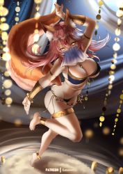 Rule 34 | 1girl, alternate costume, animal ear fluff, animal ears, anklet, armlet, bare shoulders, barefoot, belly chain, bikini, blue bikini, bracelet, bracer, breasts, circlet, cleavage, dancer, fate/extra, fate/grand order, fate (series), forehead jewel, fox ears, fox girl, fox shadow puppet, fox tail, highres, jewelry, large breasts, long hair, looking at viewer, mouth veil, navel, necklace, pink hair, swimsuit, tail, tamamo (fate), tamamo no mae (fate/extra), thighlet, veil, yellow eyes, zasshu