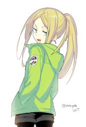 Rule 34 | 1girl, 7100potechi, :d, adapted costume, aqua eyes, black pantyhose, blonde hair, emblem, from behind, green jacket, hand in pocket, hood, hood down, hooded jacket, jacket, konami kirie, pantyhose under shorts, long hair, long sleeves, looking at viewer, looking back, open mouth, pantyhose, ponytail, shorts, simple background, smile, solo, twitter username, white background, world trigger