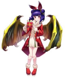 Rule 34 | 1girl, absurdres, aica 61, alternate costume, animal ears, ankle cuffs, bare legs, blunt bangs, blush, boots, bow, box, buttons, christmas, closed mouth, coat, dragon girl, dragon wings, dress, fake animal ears, fire emblem, fire emblem: the sacred stones, fur-trimmed jacket, fur cuffs, fur trim, gift, gift box, gold trim, green wings, hair tie, hands up, headband, highres, holding, holding gift, jacket, knees together feet apart, legs together, long hair, long sleeves, looking at viewer, microdress, multi-tied hair, multicolored clothes, myrrh (fire emblem), nintendo, pale skin, pigeon-toed, purple hair, rabbit ears, red coat, red eyes, red footwear, ribbon, santa costume, santa dress, shiny skin, smile, solo, standing, thighs, twintails, white background, white dress, wings, yellow wings