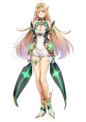 Rule 34 | 1girl, armor, arms at sides, bare shoulders, blonde hair, blush, boots, breasts, cleavage, dress, earrings, full body, gloves, highres, hiyashi mirano, jewelry, large breasts, long hair, looking at viewer, mythra (xenoblade), neon trim, nintendo, short dress, sidelocks, simple background, skindentation, smile, solo, standing, swept bangs, thigh strap, thighs, tiara, very long hair, white background, white dress, xenoblade chronicles (series), xenoblade chronicles 2, yellow eyes