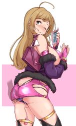 Rule 34 | 1girl, :p, ahoge, ass, ass grab, bag, blonde hair, blush, bodycon, bracelet, breasts, bridal gauntlets, butt crack, cellphone, commentary request, cowboy shot, dress, earrings, fur-trimmed jacket, fur trim, green eyes, green nails, handbag, highres, hip vent, idolmaster, idolmaster cinderella girls, jacket, jewelry, large breasts, long hair, looking back, microdress, mole, mole on thigh, multiple earrings, nail polish, one eye closed, panties, pantyshot, phone, pussy juice, remote control vibrator, sato shin, sex toy, sideboob, smartphone, smile, solo, sweat, tongue, tongue out, turning head, twogie, underwear, vibrator, vibrator in thigh strap, vibrator under clothes, whale tail (clothing), white background