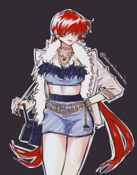 Rule 34 | 1girl, absurdres, alternate costume, arm behind back, bag, black background, fingernails, hair over eyes, handbag, highres, jewelry, long fingernails, long hair, midriff, miniskirt, necklace, poririna, red hair, shermie (kof), simple background, skirt, solo, the king of fighters, twintails, very long hair