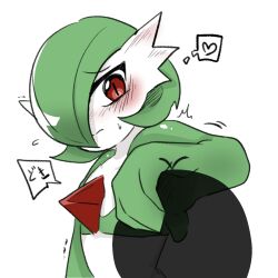 Rule 34 | 1girl, 1other, arm up, blush, bob cut, cheokcheokaksa, closed mouth, colored skin, creatures (company), ear blush, embarrassed, flat chest, game freak, gardevoir, gen 3 pokemon, green hair, green skin, hair over one eye, hand on another&#039;s head, heart, highres, japanese text, looking at another, multicolored skin, nervous, nintendo, nose blush, one eye covered, pokemon, pokemon (creature), raised eyebrows, red eyes, short hair, simple background, slit pupils, solo focus, speech bubble, split mouth, standing, sweat, thought bubble, translated, trembling, two-tone skin, upper body, white background, white skin, x-ray
