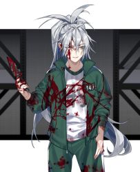 Rule 34 | 1girl, aek-999 (girls&#039; frontline), blood, blouse, deathalice, girls&#039; frontline, green track suit, hair between eyes, highres, knife, letterboxed, long hair, outside border, ponytail, shirt, silver hair, solo, squid game, very long hair, white shirt