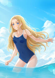 Rule 34 | 1girl, absurdres, blonde hair, blue eyes, blue one-piece swimsuit, blue sky, breasts, cloud, competition school swimsuit, cowboy shot, day, grin, highres, kofune ushio, long hair, one-piece swimsuit, outdoors, school swimsuit, sky, small breasts, smile, solo, summertime render, swimsuit, very long hair, wading, water, wen hao lai