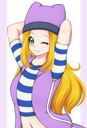 Rule 34 | 1girl, absurdres, blonde hair, blush, digimon, digimon frontier, green eyes, hat, highres, long hair, navel, one eye closed, orimoto izumi, purple vest, shirt, smile, solo, striped clothes, striped shirt, vest