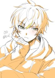 Rule 34 | 1boy, blonde hair, blush, closed mouth, commentary, dated, green eyes, hood, hood down, hoodie, looking to the side, male focus, multicolored hair, orange hoodie, orange theme, project sekai, shinonome akito, simple background, solo, streaked hair, symbol-only commentary, taro14 tea, white background