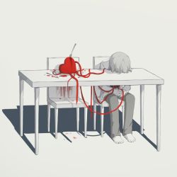 Rule 34 | 1boy, avogado6, blood, blood stain, chair, commentary, fork, heart, leaning on object, limited palette, pants, long sleeves, muted color, original, own hands together, pants, short hair, table, table knife, veins