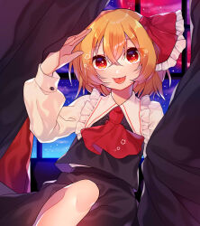 Rule 34 | 1girl, :p, ascot, black skirt, black vest, blonde hair, commentary request, crossed bangs, curtains, feet out of frame, frilled ribbon, frilled shirt collar, frills, hair between eyes, hair ribbon, highres, long sleeves, looking at viewer, medium hair, moon, night, red ascot, red eyes, red moon, red ribbon, renka (sutegoma25), ribbon, rumia, shirt, skirt, solo, tongue, tongue out, touhou, vest, white shirt, window