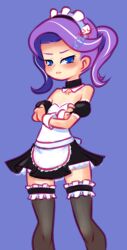 Rule 34 | 1girl, anger vein, angry, apron, black dress, black thighhighs, blue eyes, blush, collarbone, crossed arms, detached collar, detached sleeves, diamond tiara, drantyno, dress, flat chest, hair ornament, hasbro, long hair, looking at viewer, maid, maid apron, maid headdress, multicolored hair, my little pony, my little pony: equestria girls, my little pony: friendship is magic, purple hair, short sleeves, standing, streaked hair, thighhighs, twintails