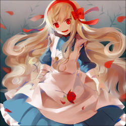 Rule 34 | 1girl, bad id, bad pixiv id, blonde hair, buttoned cuffs, buttons, dress, flower, hairband, jewelry, kagerou project, key, key necklace, kozakura marry, long hair, miiyuro, necklace, open mouth, petals, red eyes, ribbon, rose, solo, souzou forest (vocaloid), vocaloid