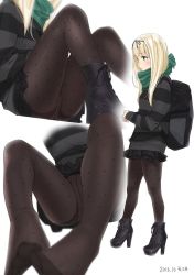Rule 34 | 10s, 1girl, 2016, alternate costume, ama mitsuki, ankle boots, bag, black footwear, black pantyhose, black sweater, blonde hair, boots, breasts, casual, commentary request, cross-laced footwear, crotch seam, dated, feet, from side, full body, green eyes, green scarf, hair over shoulder, hair ribbon, high heels, kantai collection, knees up, lace-up boots, lips, long hair, miniskirt, multiple views, no shoes, panties, panties under pantyhose, pantyhose, parted lips, perspective, platform footwear, pleated skirt, polka dot, polka dot legwear, print legwear, ribbon, scarf, shirt, simple background, sitting, skirt, small breasts, straight hair, striped clothes, striped sweater, sweater, thighs, underwear, yuudachi (kancolle)