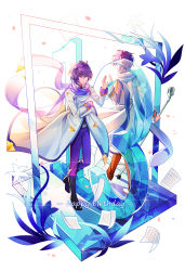 Rule 34 | 2boys, absurdres, belt, birthday, blue eyes, blue hair, blue scarf, boots, coat, commentary, dual persona, english commentary, flower, full body, glass, hand up, happy birthday, highres, holding, holding microphone stand, holding paper, kaito (vocaloid), kaito (vocaloid3), kazenemuri, lily (flower), male focus, microphone, microphone stand, multiple boys, pants, paper, petals, scarf, see-through, sheet music, short hair, smile, vocaloid, walking, white coat
