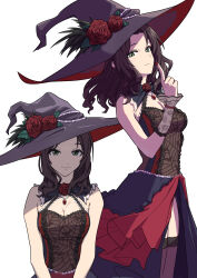 Rule 34 | 1girl, bare shoulders, black hair, black thighhighs, breasts, cleavage, fingernails, floral print, flower, green eyes, halloween, hat, hat flower, highres, idolmaster, idolmaster cinderella girls, light smile, looking at viewer, medium breasts, multiple views, nail polish, purple onion t, red flower, red rose, rose, shirt, simple background, sleeveless, sleeveless shirt, soma natsumi, spider web print, thighhighs, white background, witch hat