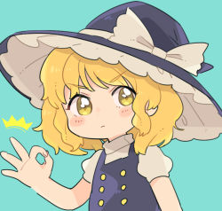 Rule 34 | 1girl, ^^^, black hat, black vest, blonde hair, blue background, blush, bow, buttons, closed mouth, double-breasted, frilled hat, frills, hand up, hat, hat bow, kirisame marisa, looking at viewer, ok sign, puffy short sleeves, puffy sleeves, sasa kichi, shirt, short hair, short sleeves, simple background, solo, touhou, upper body, vest, white bow, white shirt, witch hat, yellow eyes