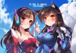 Rule 34 | 2girls, ahoge, ahri (league of legends), ahri (league of legends) (cosplay), animal ears, bare shoulders, blizzard (company), blush, bodysuit, breasts, brown eyes, brown hair, cleavage, cosplay, costume switch, d.va (overwatch), d.va (overwatch) (cosplay), detached sleeves, facial mark, fox ears, fox tail, hamifr, headphones, impossible clothes, korean clothes, large breasts, league of legends, long hair, looking at viewer, multiple girls, overwatch, overwatch 1, pilot suit, riot games, smile, swept bangs, tail, whisker markings