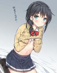Rule 34 | 1girl, 3:, 3:&lt;, bad id, bad pixiv id, black hair, black legwear, blue eyes, blush, clothes lift, earrings, front ponytail, highres, jewelry, lifting own clothes, long sleeves, navel, no shoes, original, pleated skirt, ribbon, school uniform, shirt lift, sitting, skirt, solo, stomach, sweater, sweater lift, translated, v-shaped eyebrows, wariza, yuran