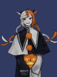 Rule 34 | + +, 1girl, ahoge, black cape, blue background, cape, capelet, food, grey hair, hair ornament, halloween, heterochromia, highres, holding, holding food, holding pumpkin, holding pumpkin, holding vegetable, jack-o&#039;-lantern, long hair, orange eyes, orange hair, original, parted lips, pumpkin, purple eyes, red pupils, rit3set, simple background, sleeves past fingers, sleeves past wrists, smile, solo, stitches, twintails, vegetable, white capelet, x hair ornament