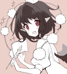 Rule 34 | 1girl, :d, black hair, blush, eyebrows, fang, hat, highres, looking at viewer, notebook, open mouth, pointy ears, pom pom (clothes), puffy short sleeves, puffy sleeves, quill, red eyes, shameimaru aya, short hair, short sleeves, simple background, smile, solo, sparkle, sparkling eyes, tokin hat, tooth, touhou, usamata, wings