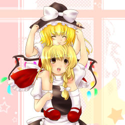Rule 34 | &gt;:), 2girls, :d, ^ ^, akina (artist), akina (schism), bad id, bad pixiv id, blonde hair, borrowed clothes, braid, carrying, chin rest, closed eyes, female focus, flandre scarlet, hat, head on head, head rest, headwear switch, kirisame marisa, mary janes, multiple girls, open mouth, ponytail, shoes, short hair, shoulder carry, side ponytail, smile, touhou, v-shaped eyebrows, wings, witch, witch hat, yellow eyes