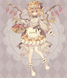 Rule 34 | 1girl, alternate costume, ankle cuffs, apple, apple pie, apron, argyle, argyle background, argyle clothes, basket, black bow, black bowtie, blonde hair, blush, bow, bowtie, bridal garter, brown hat, brown skirt, commentary, crystal, doily, flandre scarlet, food, fruit, fruit basket, full body, grapes, hair between eyes, hat, hat ornament, highres, holding, holding basket, long hair, long sleeves, looking at viewer, mob cap, nikorashi-ka, one side up, pie, red eyes, shirt, shoes, skirt, solo, symbol-only commentary, touhou, white footwear, white shirt, wings