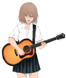Rule 34 | 1girl, absurdres, bad id, bad pixiv id, brown eyes, brown hair, guitar, hair over eyes, highres, instrument, medium hair, music, open mouth, original, playing instrument, school uniform, solo, tuskryo, white background