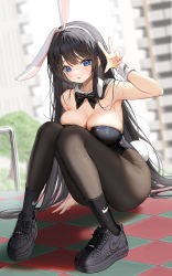 Rule 34 | 1girl, absurdres, animal ears, arm up, armpits, bare arms, bare shoulders, black bow, black bowtie, black footwear, black hair, black leotard, black pantyhose, black socks, blue eyes, blurry, blurry background, blush, bow, bowtie, breast press, breasts, checkered floor, cleavage, collar, commentary, dduck kong, detached collar, fake animal ears, fake tail, full body, highleg, highleg leotard, highres, knees together feet apart, large breasts, leotard, long hair, nike (company), nike air force 1, on floor, original, pantyhose, parted lips, playboy bunny, rabbit ears, rabbit tail, shoes, sidelocks, sitting, sneakers, socks, socks over pantyhose, solo, symbol-only commentary, tail, tile floor, tiles, very long hair, w, white collar, wristband