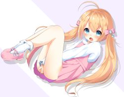 Rule 34 | 1girl, ahoge, ass, blonde hair, blush, bow, covering privates, covering crotch, dress, hair between eyes, hair ornament, highres, leaning back, leg lift, legs, long hair, mary janes, nufucha, open mouth, original, pink dress, ribbon, shirt, shoes, sitting, socks, solo, tears, twintails, very long hair