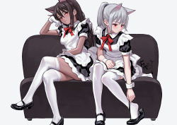 Rule 34 | 2girls, apron, artist name, black footwear, brown hair, closed mouth, couch, crossed legs, dark-skinned female, dark skin, fkey, frilled apron, frills, gloves, grey hair, highres, long hair, maid, mary janes, multiple girls, on couch, original, ponytail, red eyes, shoes, short sleeves, sidelocks, signature, simple background, sitting, thighhighs, white background, white gloves, white legwear, wrist cuffs