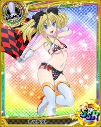 Rule 34 | 10s, 1girl, artist request, belt, bishop (chess), blonde hair, blue eyes, card (medium), character name, checkered flag, chess piece, elbow gloves, fang, flag, gloves, high school dxd, midriff, mittelt, official art, race queen, smile, solo, swimsuit, thighhighs, torn clothes, trading card