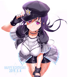 Rule 34 | 10s, 1girl, 2019, absurdres, believe again, birthday, breasts, commentary request, dated, english text, fingerless gloves, fishnet pantyhose, fishnets, gloves, hair down, happy birthday, hat, headset, highres, jyon, kazuno sarah, large breasts, long hair, looking at viewer, love live!, love live! sunshine!!, love live! sunshine!! the school idol movie over the rainbow, pantyhose, pink eyes, purple hair, short sleeves, sidelocks, solo, spoilers
