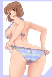 Rule 34 | 1girl, ass, bare arms, bare shoulders, bikini, bob cut, breasts, brown hair, butt crack, commentary request, commission, flying sweatdrops, from behind, hagiwara yukiho, halterneck, highres, idolmaster, idolmaster (classic), large breasts, looking at viewer, looking back, pixiv commission, side-tie bikini bottom, sideboob, solo, string bikini, striped bikini, striped clothes, swimsuit, thighs, twogie, wet, white background, yellow eyes