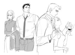Rule 34 | 1boy, 1girl, absurdres, ace attorney, beard, belt, collared shirt, cowboy shot, cup, dick gumshoe, drinking glass, facial hair, franziska von karma, greyscale, gwiga0, hand on another&#039;s shoulder, height difference, highres, holding, holding clothes, holding cup, holding jacket, jacket, juliet sleeves, long sleeves, looking up, monochrome, necktie, pants, parted lips, pencil behind ear, profile, puffy sleeves, shirt, short hair, simple background, sketch, skirt, standing, unworn jacket, wine glass