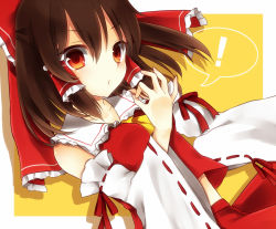 Rule 34 | !, 1girl, :o, ascot, bad id, bad pixiv id, bow, brown eyes, brown hair, colorized, detached sleeves, female focus, hair bow, hair tubes, hakurei reimu, hand gesture, looking at viewer, midriff, money gesture, purin jiisan, ribbon, sae (091688), shadow, short hair, simple background, skirt, solo, speech bubble, spoken exclamation mark, touhou, wide sleeves, yellow ascot
