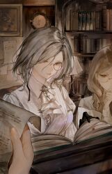 Rule 34 | 2girls, black gloves, book, braid, clock, dreya (path to nowhere), finger to mouth, glasses, gloves, grey eyes, grey hair, hair between eyes, holding, holding paper, lamp, long hair, medium hair, moaomao mo, multiple girls, painting (object), pale skin, paper, parted bangs, parted lips, path to nowhere, picture frame, reading, serious, shelving book, shirt, sidelocks, single braid, white shirt