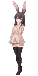 Rule 34 | 1girl, animal ears, black thighhighs, blush, brown hair, commentary request, grey background, hand up, head tilt, looking at viewer, no shoes, original, rabbit ears, red eyes, simple background, sleeves past wrists, solo, sweater, thighhighs, tsukune (yagi), yagi (ningen), yellow sweater, zettai ryouiki
