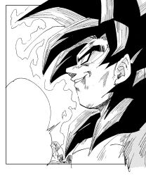 Rule 34 | after fight, aura, black hair, blood, blood on face, dragon ball, dragon ball gt, energy, fenyon, highres, looking up, manga style, monochrome, muscular, muscular male, official art, scratches, smirk, son goku, speech bubble, super saiyan, super saiyan 4, tagme