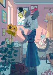 Rule 34 | animal ears, avocado, bed, bible (object), book, dress, flower, furry, highres, indoors, leopard tail, long skirt, mayumochini, mouse ears, original, plant, potted plant, reading, rug, skirt, standing, stuffed toy, sunflower, sunlight, table, tail, tomato, window