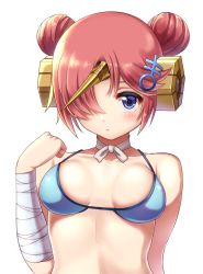Rule 34 | 1girl, bandaged arm, bandages, bikini, blue bikini, blue eyes, blush, breasts, closed mouth, collarbone, double bun, fate/grand order, fate (series), frankenstein&#039;s monster (fate), frankenstein&#039;s monster (swimsuit saber) (fate), frankenstein&#039;s monster (swimsuit saber) (second ascension) (fate), hair bun, hair ornament, hair over one eye, hand up, highres, horns, looking at viewer, medium breasts, pink hair, rariemonn, short hair, simple background, single horn, solo, swimsuit, upper body, white background