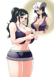 Rule 34 | 1girl, absurdres, bare shoulders, blush, boots, breasts, closed mouth, coat, cowboy hat, cross-laced clothes, cross-laced top, dark-skinned female, dark skin, flower, hat, highres, huge breasts, large breasts, looking at viewer, looking down, mature female, nico robin, one piece, ponytail, rose, sidelocks, solo, standing, undersized clothes, white hat, wrato