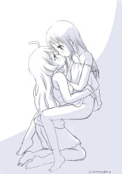 Rule 34 | 2girls, artist name, barefoot, bottomless, camisole, chito (shoujo shuumatsu ryokou), clothes lift, eye contact, greyscale, hair down, hand under clothes, hand under shirt, imminent kiss, kneeling, long hair, looking at another, mitou kana, monochrome, multiple girls, off shoulder, shirt, shirt lift, shoujo shuumatsu ryokou, sitting, yuri, yuuri (shoujo shuumatsu ryokou)