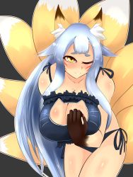 Rule 34 | 10s, 1girl, animal ears, blue hair, breasts, cat cutout, cat lingerie, claws, cleavage cutout, clothing cutout, cowboy shot, dai0, facial mark, fox ears, fox tail, grey background, highres, huge breasts, kitsune, kyuubi, long hair, meme attire, monster girl, monster musume no iru nichijou, monster musume no iru nichijou online, multiple tails, nail polish, one eye closed, smile, solo, tail, very long hair, yellow eyes, youko (monster musume)