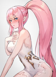 Rule 34 | 1girl, blue eyes, blush, braid, breasts, chibi vanille, cleavage, dress, hair between eyes, hand on own chest, highres, long hair, looking at viewer, medium breasts, open mouth, pink hair, ponytail, shionne (tales), sidelocks, solo, tales of (series), tales of arise, thighs, torn, torn clothes, torn dress, very long hair