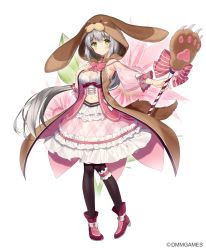 Rule 34 | 1girl, animal hood, black pantyhose, blush, boots, bow, breasts, brown hood, dmm, dog hood, dog tail, dress, flower, flower knight girl, frilled dress, frills, full body, green eyes, grey hair, hand up, hood, legband, long hair, looking at viewer, medium breasts, navel, necomi, official art, pantyhose, pink bow, pink dress, pink footwear, serruria (flower knight girl), smile, solo, standing, tail, very long hair, wand, white background