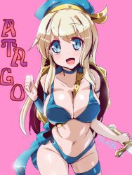 Rule 34 | 10s, 1girl, armor, atago (kancolle), beret, between breasts, bikini, bikini armor, blonde hair, blue eyes, blush, breasts, cleavage, hat, kantai collection, long hair, looking at viewer, miuku (marine sapphire), navel, open mouth, simple background, smile, solo, swimsuit, sword, weapon