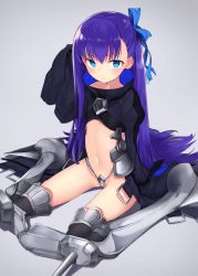 Rule 34 | 10s, 1girl, armor, armored boots, asymmetrical bangs, black thighhighs, blue eyes, blue ribbon, blush, boots, closed mouth, crotch plate, fate/extra, fate/extra ccc, fate (series), grey background, hair ribbon, hands in opposite sleeves, juliet sleeves, light frown, long hair, long sleeves, looking at viewer, meltryllis (fate), monobe tsukuri, puffy sleeves, purple hair, ribbon, shadow, simple background, sitting, solo, thighhighs, thighs, tsurime, very long hair, wariza