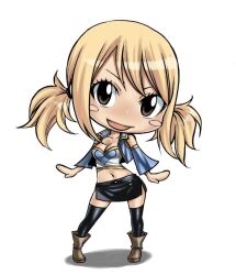 Rule 34 | 1girl, black skirt, black socks, blonde hair, blue shirt, blush, boots, brown eyes, chibi, collarbone, crop top, cropped shirt, cum, facial, fairy tail, flexing, full body, hair ornament, happy facial, looking at viewer, low twintails, lucy heartfilia, mashima hiro, mini person, minigirl, miniskirt, open mouth, shirt, short twintails, simple background, skirt, smile, socks, solo, standing, twintails, white background